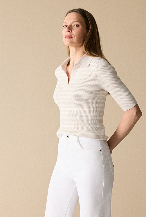 Milk White Cotton Cashmere Blend Rib Knit Stripe Polo - WOMEN T