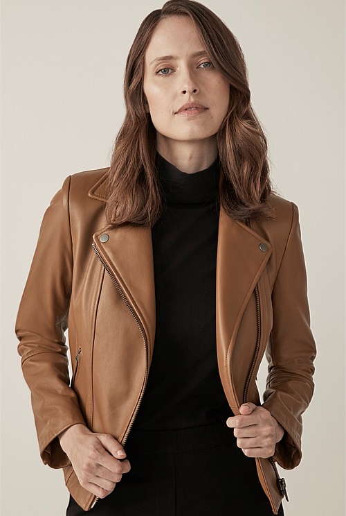 studieafgift væske Havn Camel Leather Biker Jacket - WOMEN Jackets & Coats | Trenery