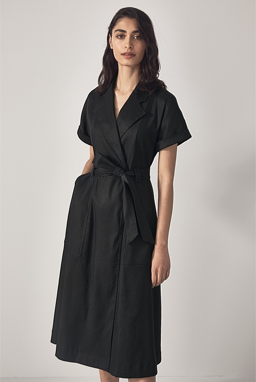 Black Stretch Linen Wrap Dress - WOMEN ...