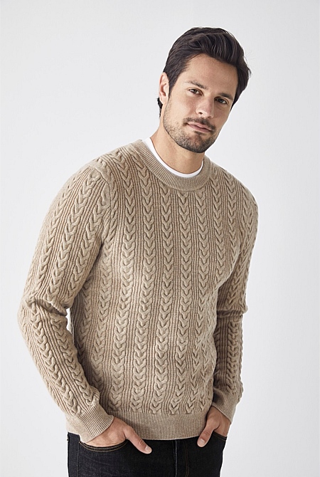 Sand Cable Knit Crew Pullover - MEN Knitwear