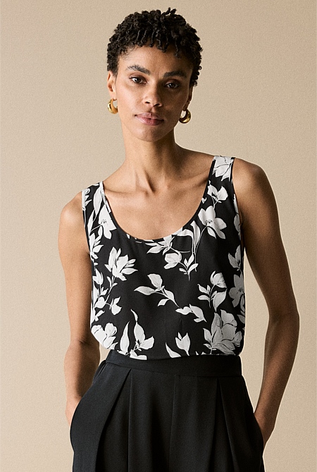 Black Silk Contrast Floral Tank - WOMEN Shirts