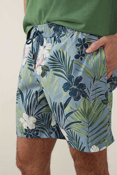 Washed Blue Tropical Print Swim Short MEN Shorts Trenery
